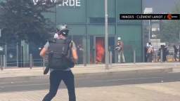 Protesters clash with police in Nanterre, France. The protesters tried to break through to the prefe