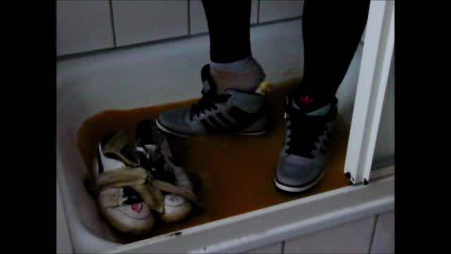 Jana writes on fill Nikes tramples them with Adidas hardcourt and messy both in shower trailer