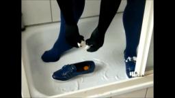 Jana fills and messy her shiny blue Adidas Concord Round Ballerinas in the shower and washes them tr