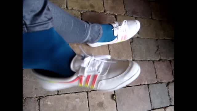 Jana make a shoeplay with her Adidas Concord Round Ballerinas shiny white with rainbow stripes trail
