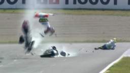 Spikes Backup highsides and Aiden Jarrett Arnett crashes into his  Honda RS125R
