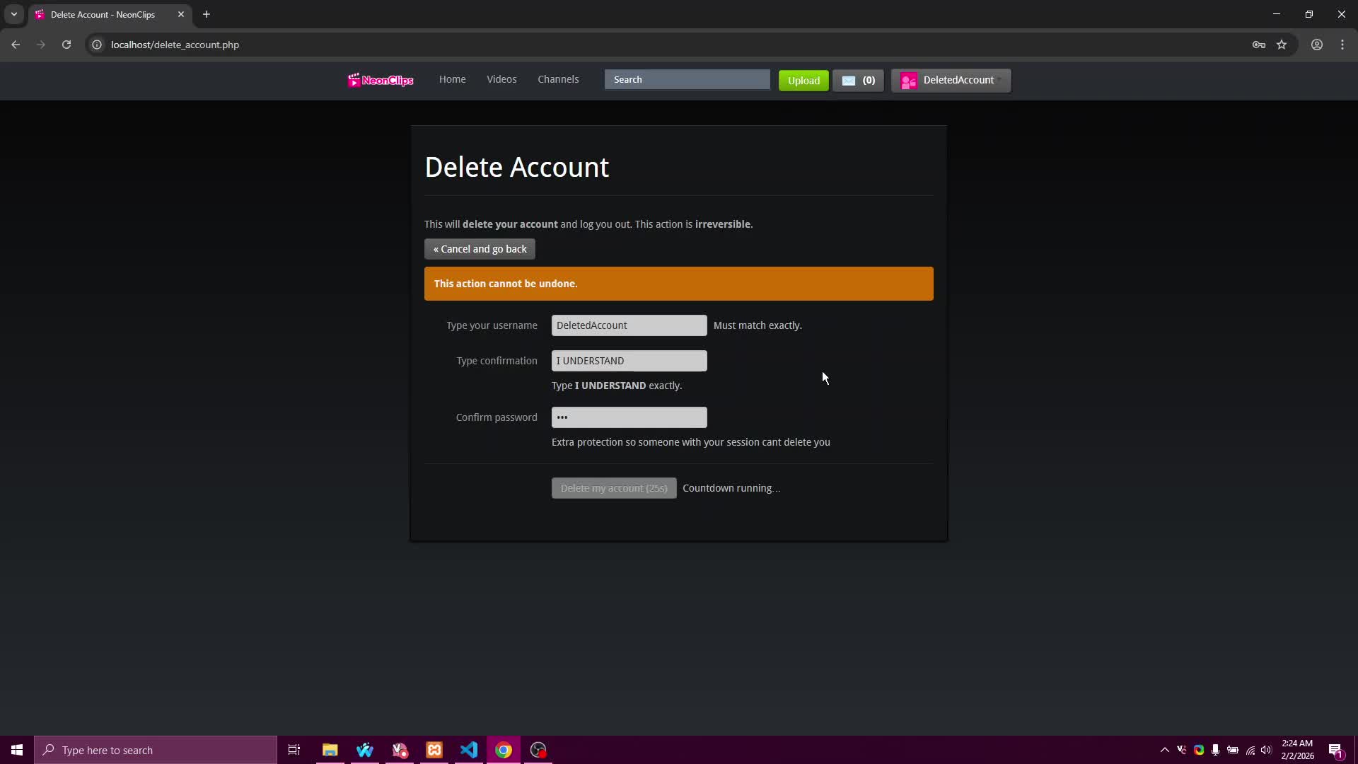 NeonClips Account Deletion Test