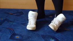 Jana shows her Adidas Top Ten Hi white, silver and black