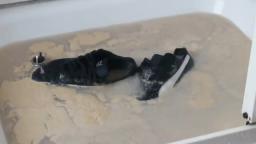 Jana crush a cake with her Puma Speed Cat suede black white and fill, messy, clean them in shower