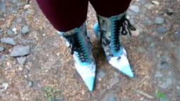Jana make a walk and shoeplay with her spike high heel booties shiny light blue printing with lacing