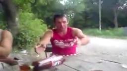 russian man gets knocked out with a log