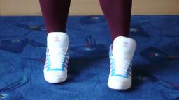 Jana shows her Adidas Top Ten Hi white shiny blue purple yellow