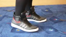 Jana shows her Adidas Top Ten Hi black, shiny black red and rhinestones