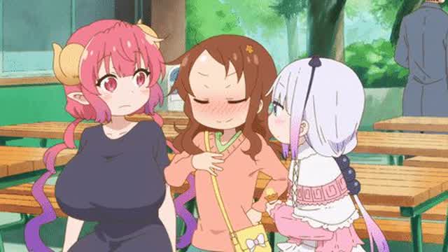 Miss Kobayashi's Dragon Maid - Ilulu and Kanna lick Saikawa's Face