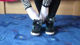 Jana shows her Adidas Top Ten Hi shiny black, blue and bow with rhinestones