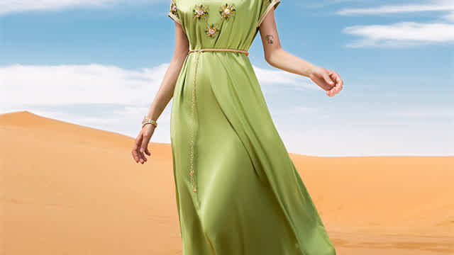 Islamic Womens Muslim Silk Abaya Evening Dress Chic Fashion Rhinestone Short Sleeve Belted  Dress