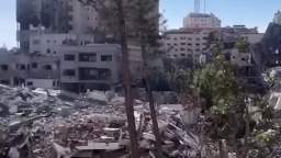 Completely destroyed high-rise buildings in the Al-Rimal area of Gaza. The consequences of Israeli a