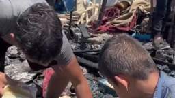Children from the Gaza Strip dig up burnt food after the bombing.