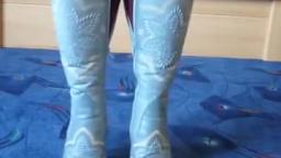 Jana shows her spike high heel boots light blue with embroidery