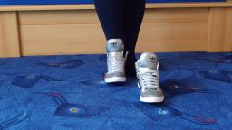 Jana shows her Adidas Top Ten Hi shiny silver with black stripes