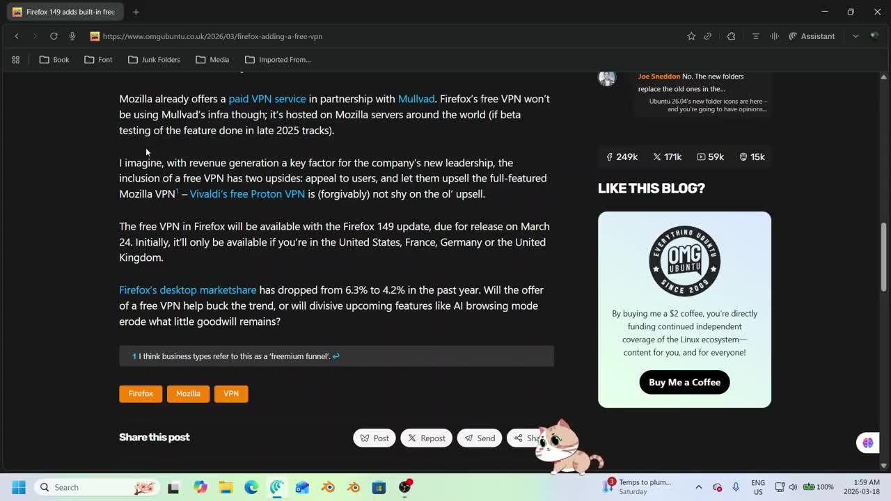 Firefox 149 adds built-in free VPN with 50GB monthly data
