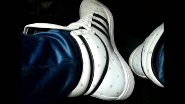 Jana make pedal pumping with her Adidas Top Ten hi shiny white with Diamond print and blue stretch j