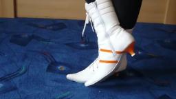 Jana shows her spike heel booties shiny white orange with lacing