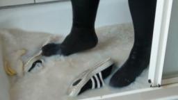 Jana fill and messy her Adidas Top Ten Hi shiny black white with egg, banana and custard in shower