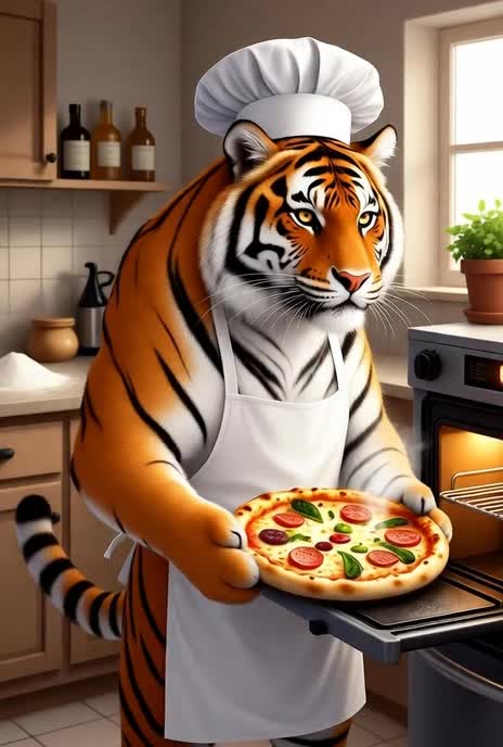 A tiger prepares a pizza