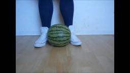 Jana crushes a watermelon with her white Converse Chucks and messy them with it trailer