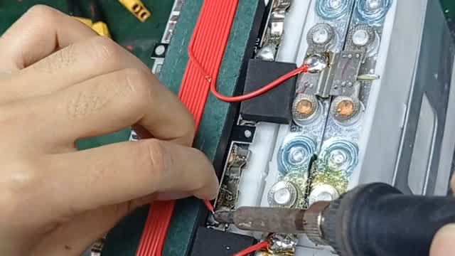 Welding of wires in lithium battery pack.