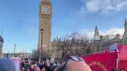 London. Thousands of postal workers strike outside parliament to demand higher wages amid record pri