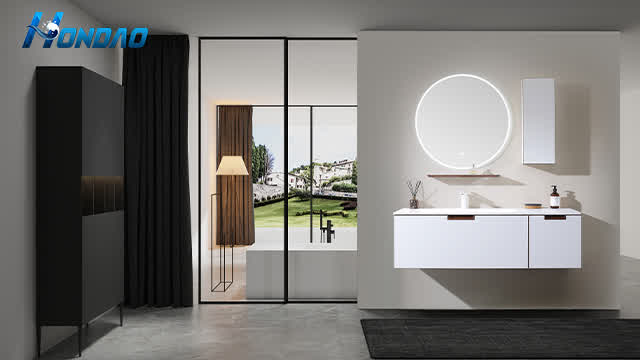 Wall mount wooden bathroom cabinet with solid surface basin I HONDAO