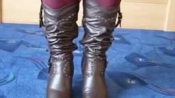 Jana shows her spike high heel boots brown with rivets and buckles
