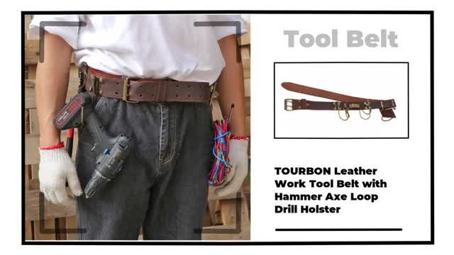 TOURBON Leather Work Tool Belt with Hammer Axe Loop Drill Holster
