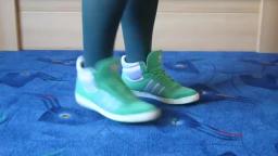 Jana shows her Adidas Top Ten Hi green jeans and shiny lilac