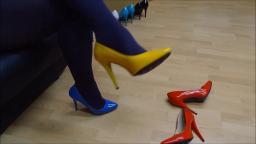 Jana walk play and dangling with different pairs of her shiny high heel pumps trailer