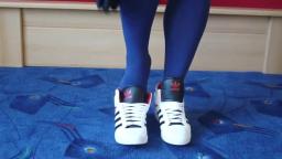 Jana shows her Adidas Top Ten Hi white, shiny white and black with inner heel