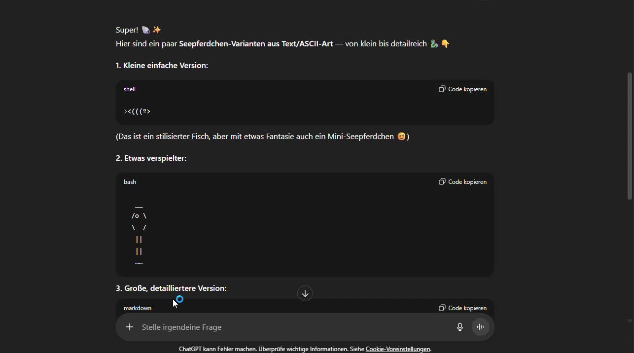 Ich versuche, ChatGPT ein Seepferdchen-Emoji machen zu lassen! 🐠🤖
