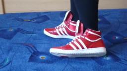 Jana shows her Adidas Top Ten Hi shiny red white with bow