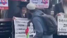 A Muslim thanks Orthodox Jews for supporting Palestine at a rally in a European country.