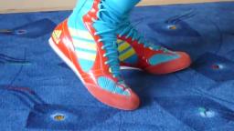 Jana shows her Adidas Boxing boots shiny red yellow and blue
