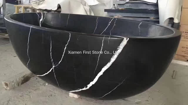 China Panda White Vein Black Marble Bathtub Natural Solid Stone Hand Carving Freestanding Bath Tub
