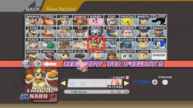 Jugando el modo ´´Boss battle´´ de Super Smash Bros Brawl (Usando a rey dedede)