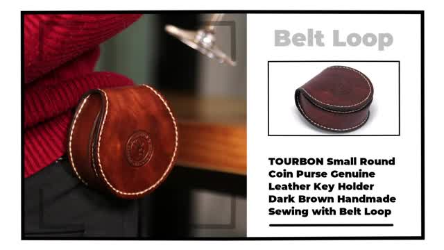 TOURBON Small Round Coin Purse Genuine Leather Key Holder Dark Brown Handmade Sewing with Belt Loop