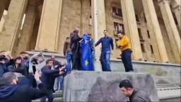 Patriots tear down, trample and then burn the EU flag in front of Georgian Parliament