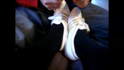 Janas friend write on and paints her Adidas Concord Round Ballerinas white patent on her feet yt tr